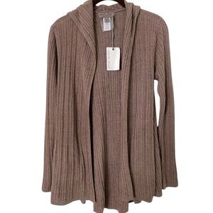 NWT Barefoot Dreams Namaste Rib Hooded Cardigan Open Front Warm Taupe XS